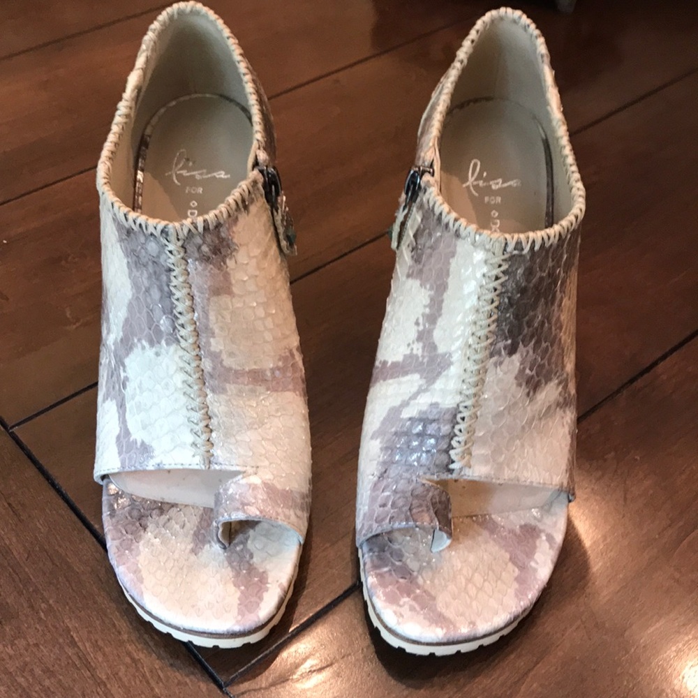 metallic snake print heels